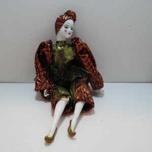 Vtg Harlequin Jester Clown Doll Figurine Works Porcelain Face Hands Feet Legs